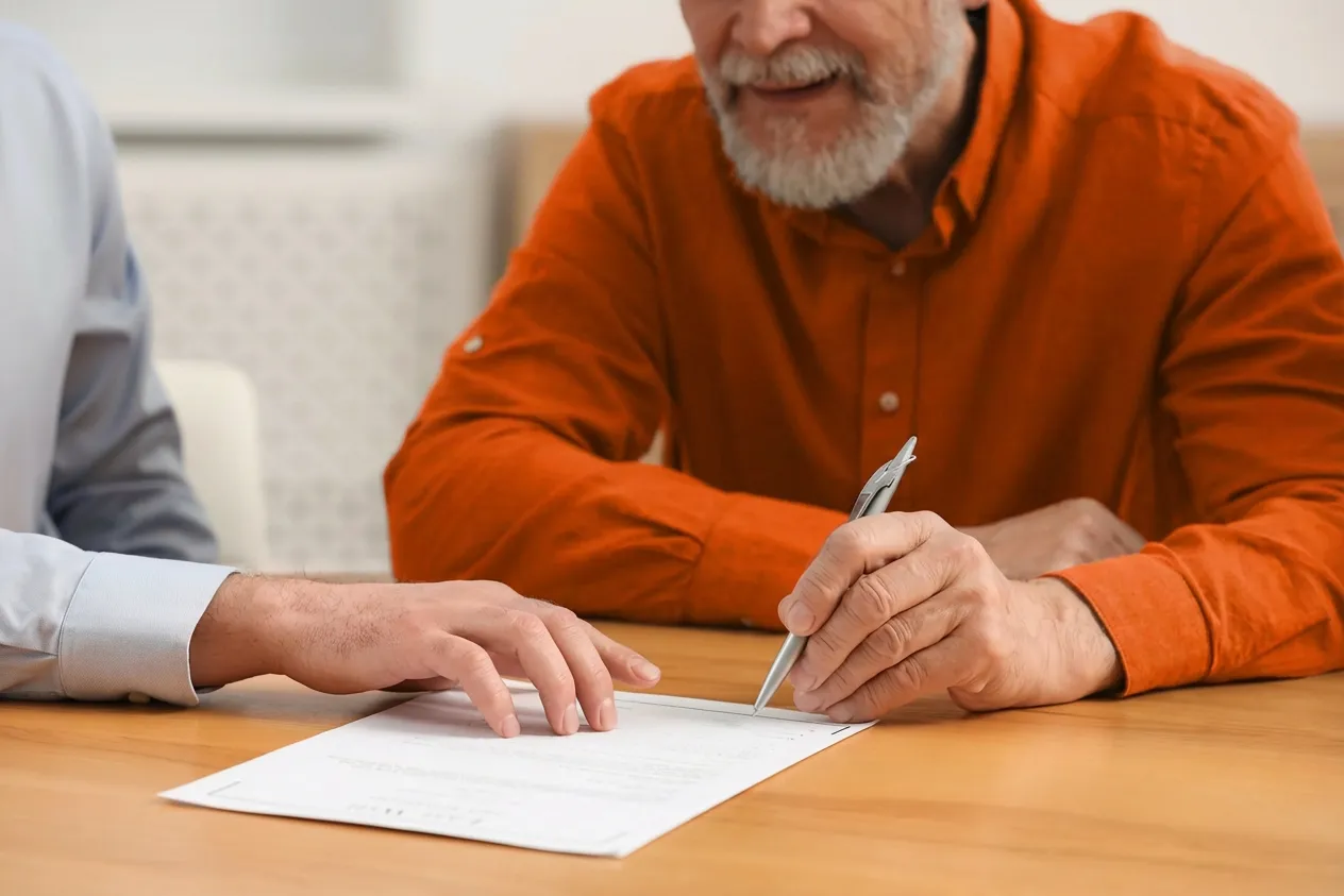 Two men, one in an orange shirt, reviewing and signing a document on a wooden table.