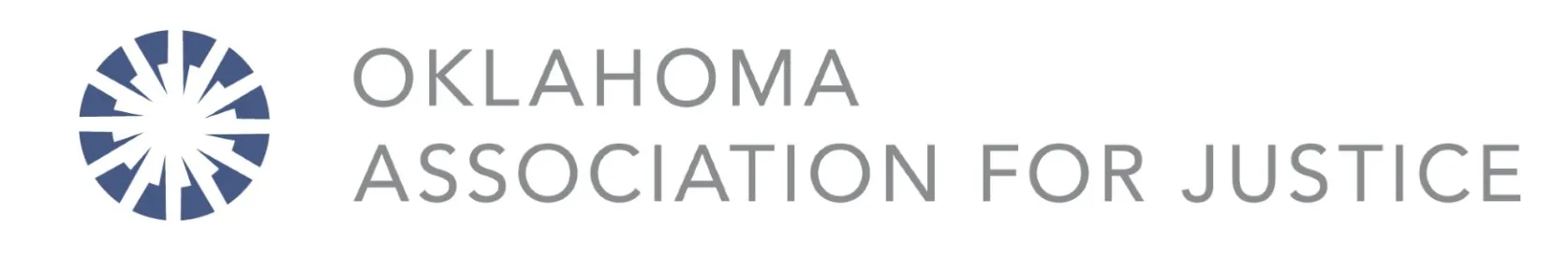 Logo featuring a blue circular geometric design with gray text "Oklahoma Association for Justice.