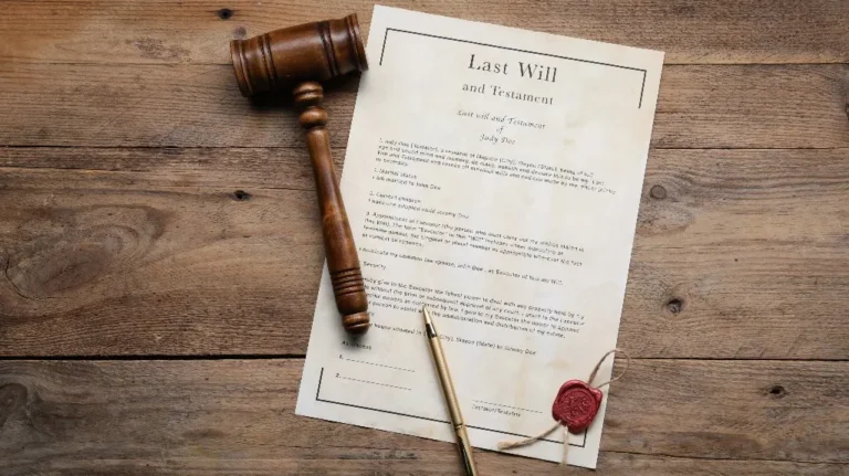 Wooden gavel, last will and testament document with red wax seal, and gold pen on wooden surface.