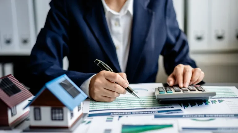 Person in a dark suit using a calculator and pen to analyze financial documents with model houses.